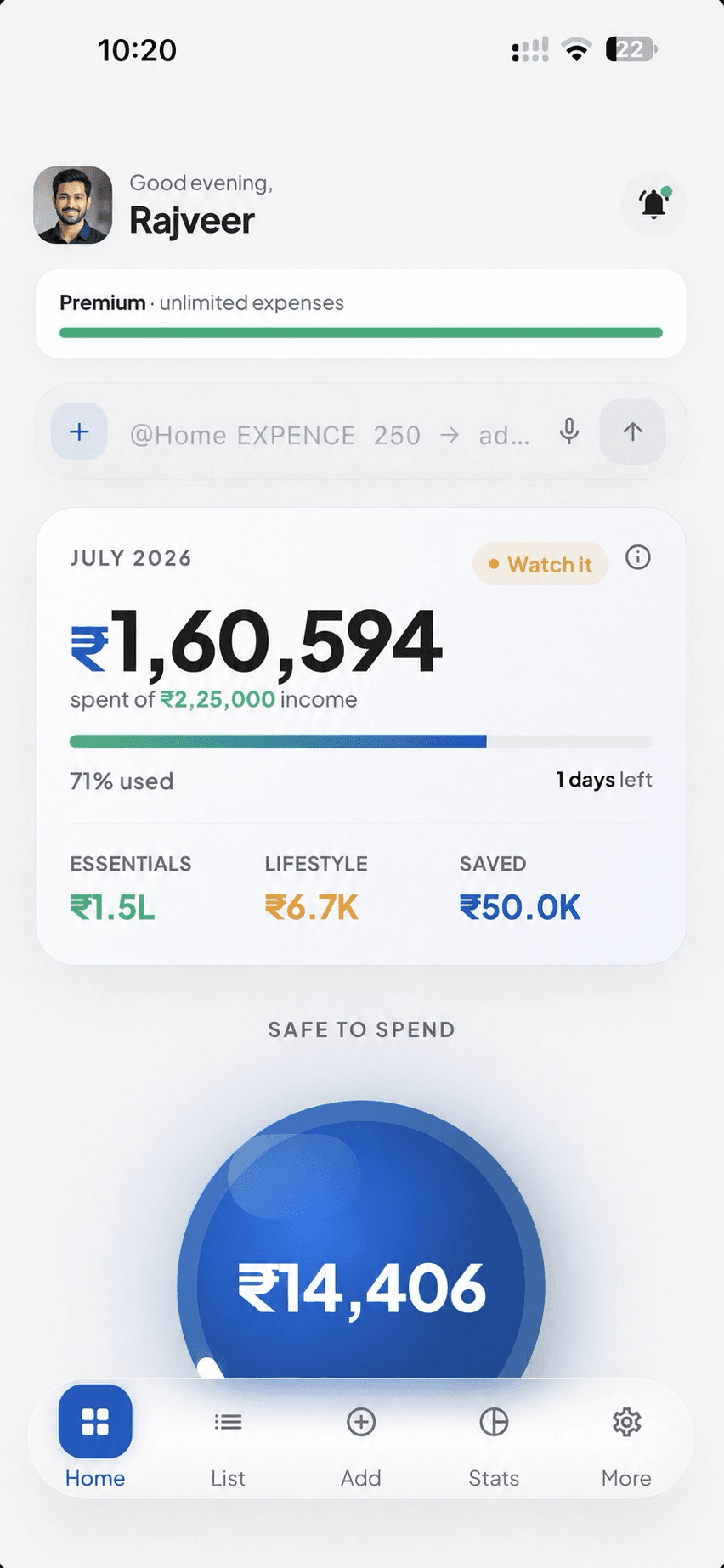 ExpenseFlow dashboard showing the monthly spend summary and safe-to-spend balance